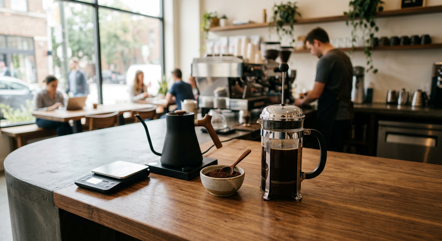 French press coffee setup